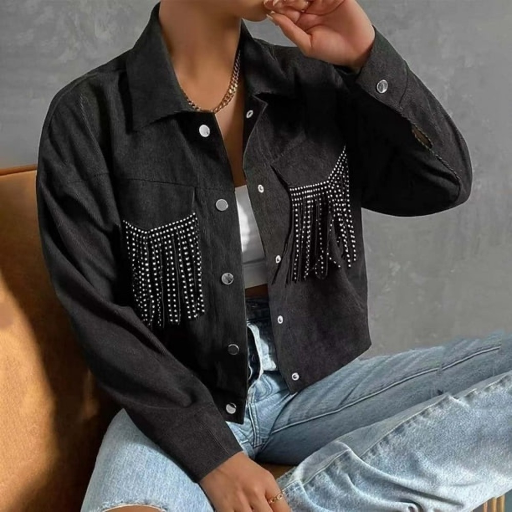 NWOT SHEIN Corduroy Black Studded Fringe Jacket